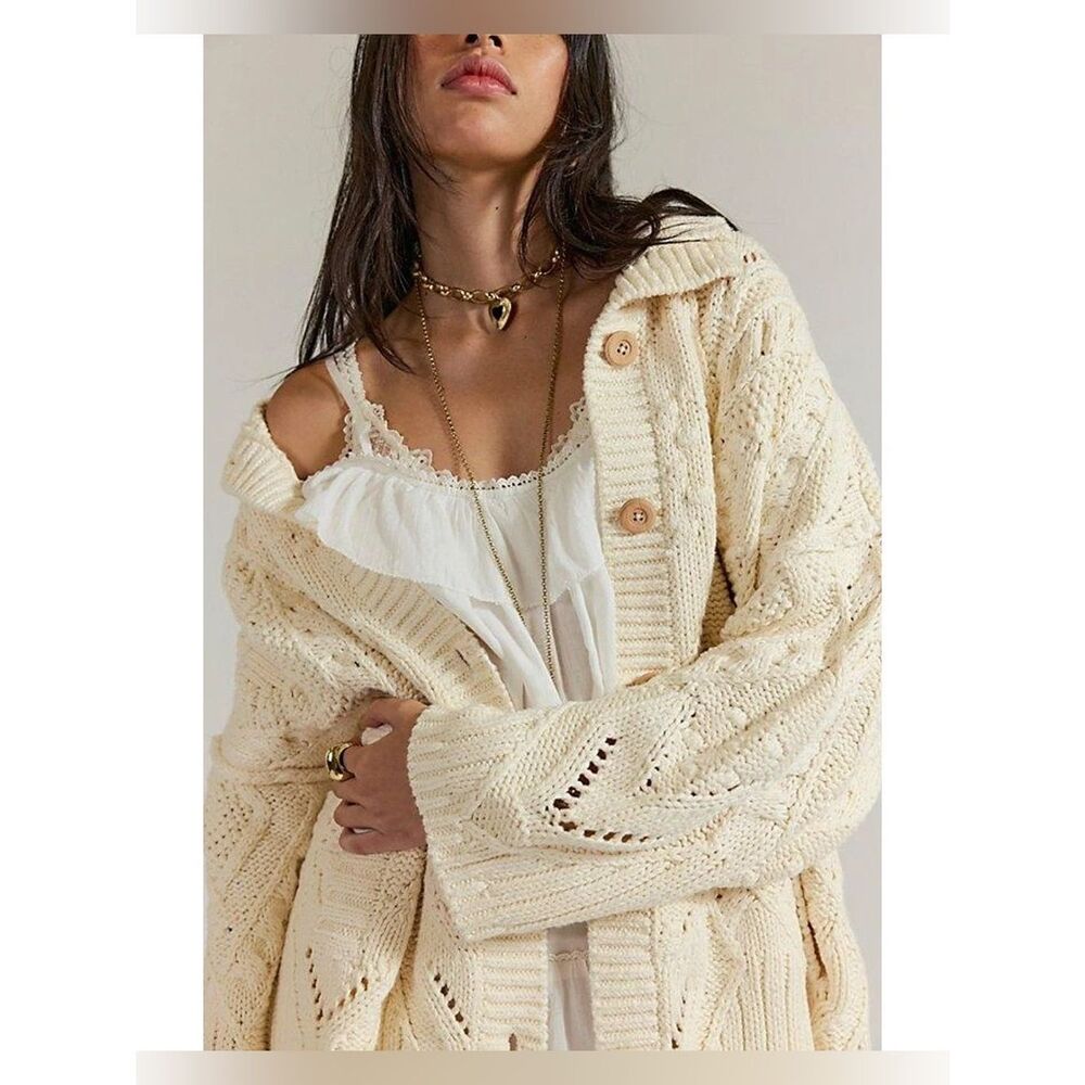 Free People Heart You Cotton Cardigan Cream Open-Knit Button-Front size XSMALL